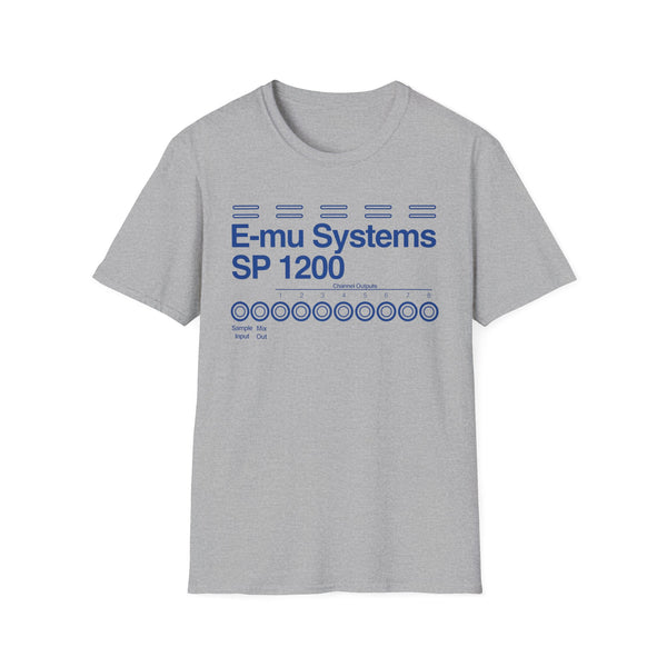 Grey t-shirt with blue E-mu Systems SP 1200 graphic and eight numbered output jacks.