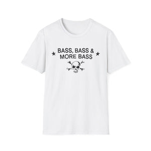 White t-shirt with black text and skull graphic: "Bass, Bass & More Bass".