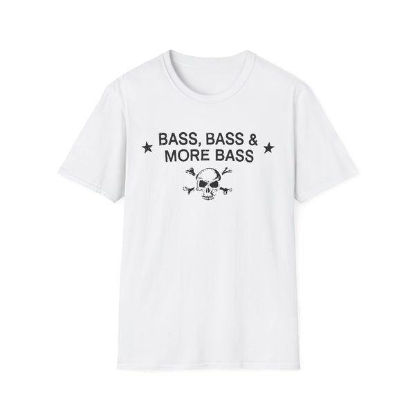 White t-shirt with black text and skull graphic: "Bass, Bass & More Bass".