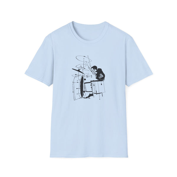 Light blue t-shirt with a black line drawing of a drummer at a kit.