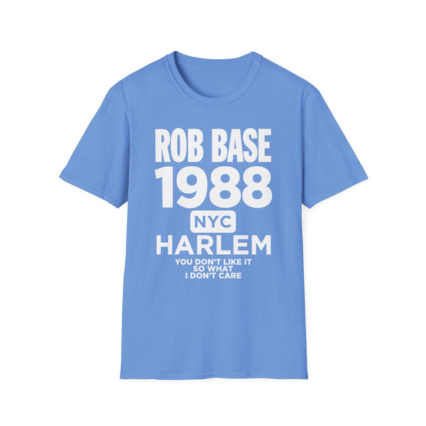 Blue t-shirt with "ROB BASE 1988 NYC HARLEM" text.
