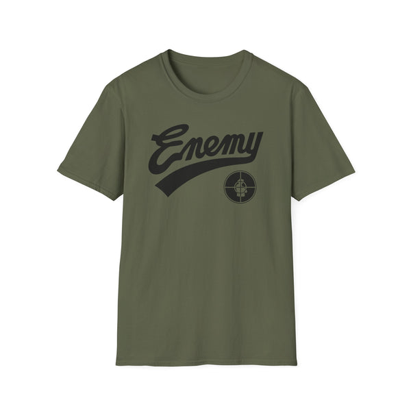 Olive green t-shirt with black "Enemy" text and a targeting reticle logo.