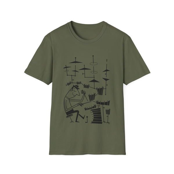 Green t-shirt with a black graphic of a musician playing a drum set.