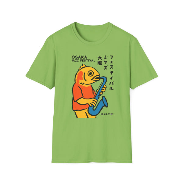 Green t-shirt with illustration of a fish playing a saxophone, text "OSAKA JAZZ FESTIVAL" and "10.09.1989".