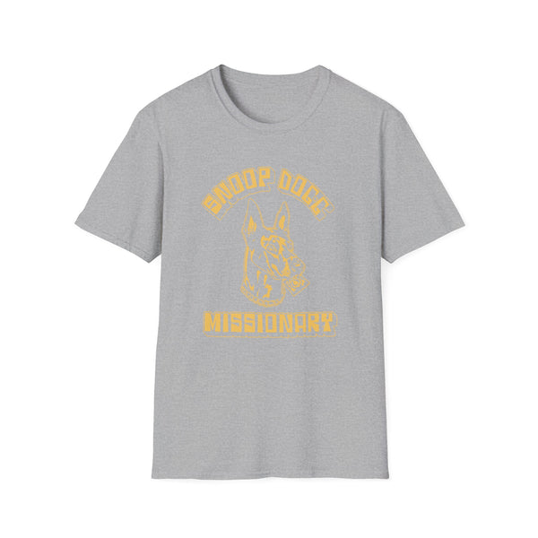 Grey t-shirt featuring yellow text "Missionary" with a dog's head.