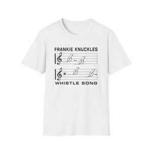 White t-shirt with black text "FRANKIE KNUCKLES" and musical staff with whistles.