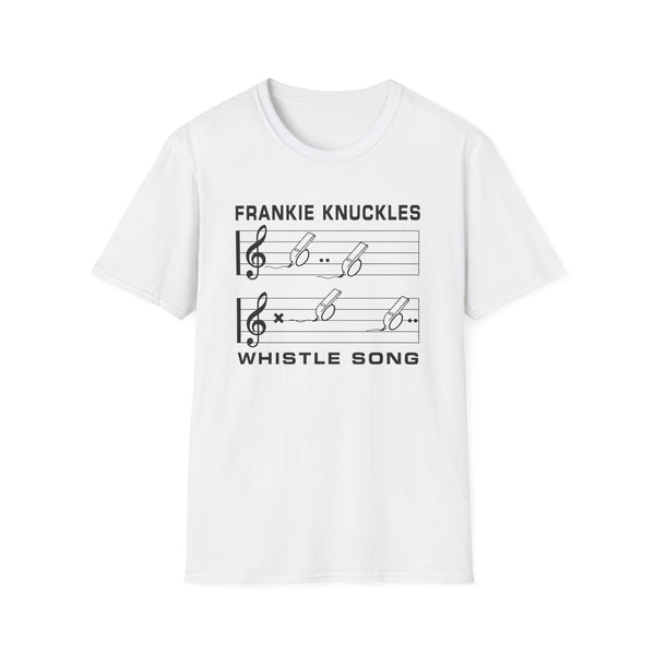 White t-shirt with black text "FRANKIE KNUCKLES" and musical staff with whistles.