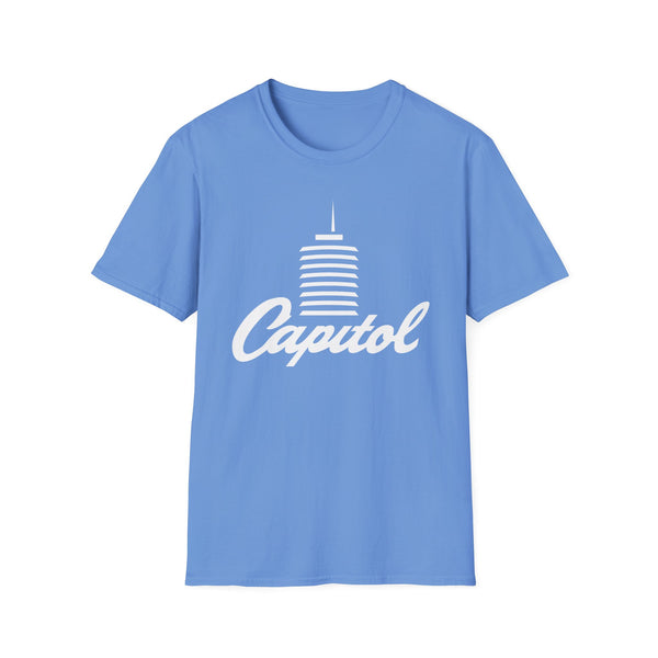Blue t-shirt with white graphic of a building and the word "Capitol".