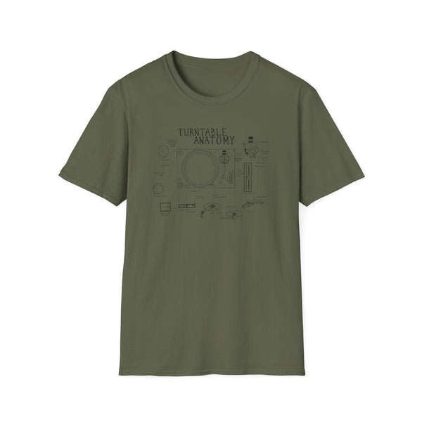 Olive green t-shirt with a line drawing of turntable anatomy.