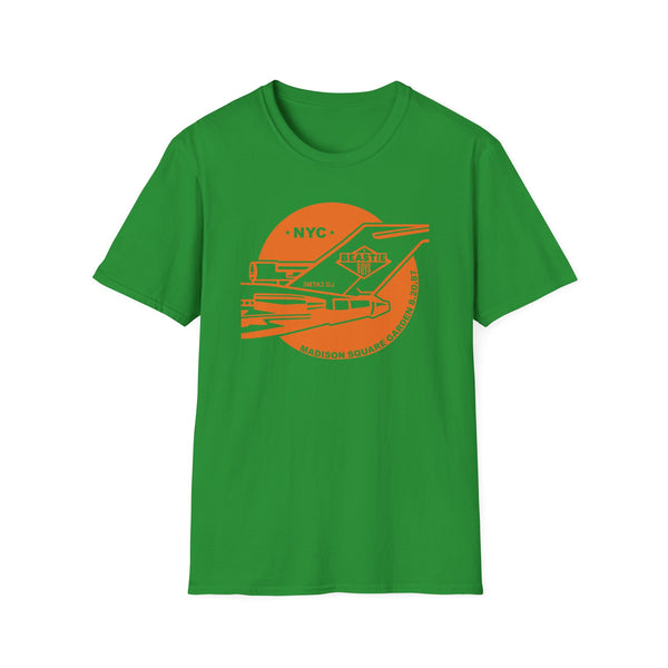 Green t-shirt with orange NYC 3MTA3 DJ Madison Square Garden 8.20.87 graphic.