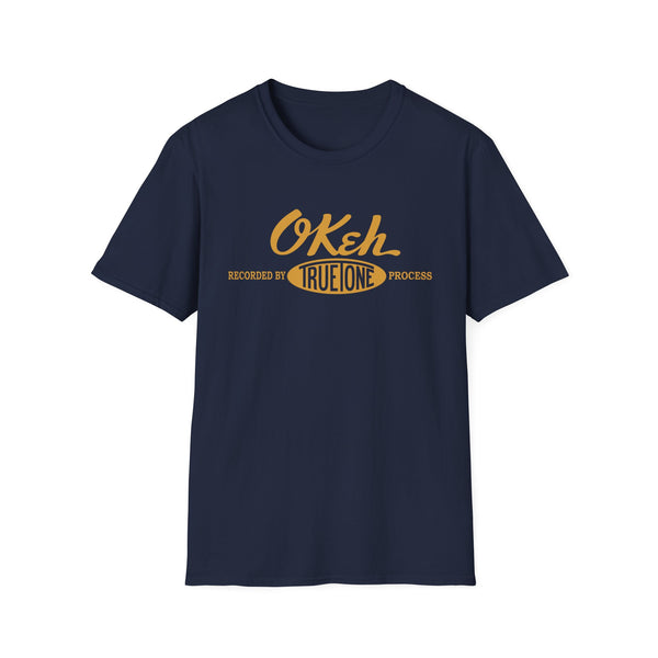 Navy t-shirt with yellow "Okeh" and "True One Process" text graphic.