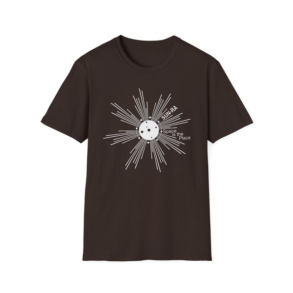 Brown t-shirt with white "SUN-RA Space is the Place" graphic.