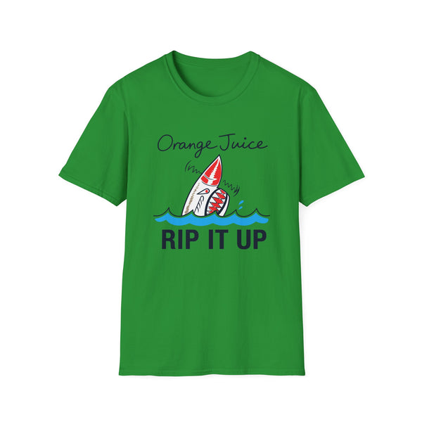 Green t-shirt with a shark in blue water and text: Orange Juice, Rip It Up.
