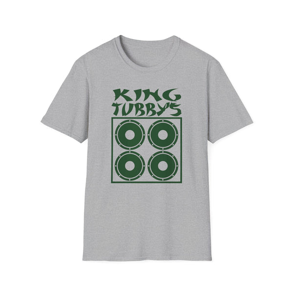 Grey t-shirt with green King Tubby's logo featuring four speaker cones.