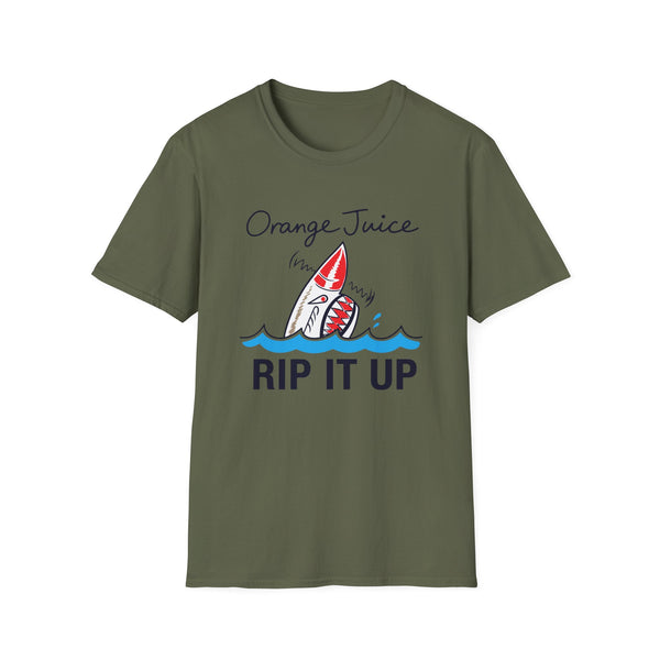 Green t-shirt with shark graphic and text "Orange Juice RIP IT UP".