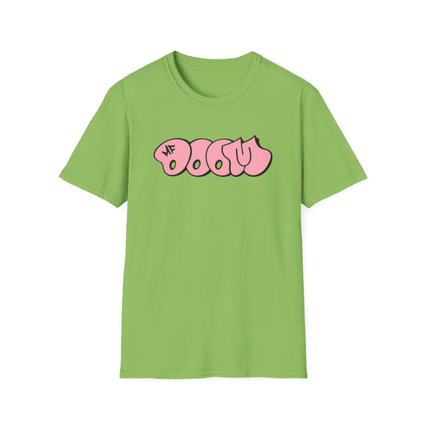 Lime green t-shirt with pink "MF DOOM" graffiti-style graphic.