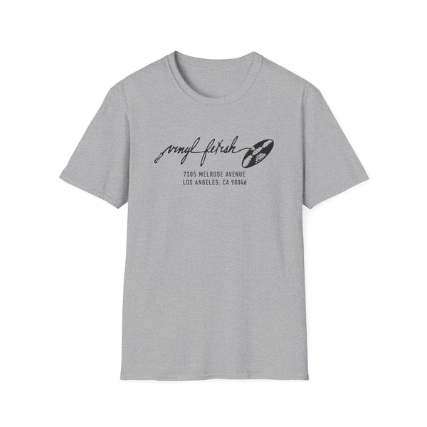 Grey t-shirt with "vinyl fetish" and address printed on it.