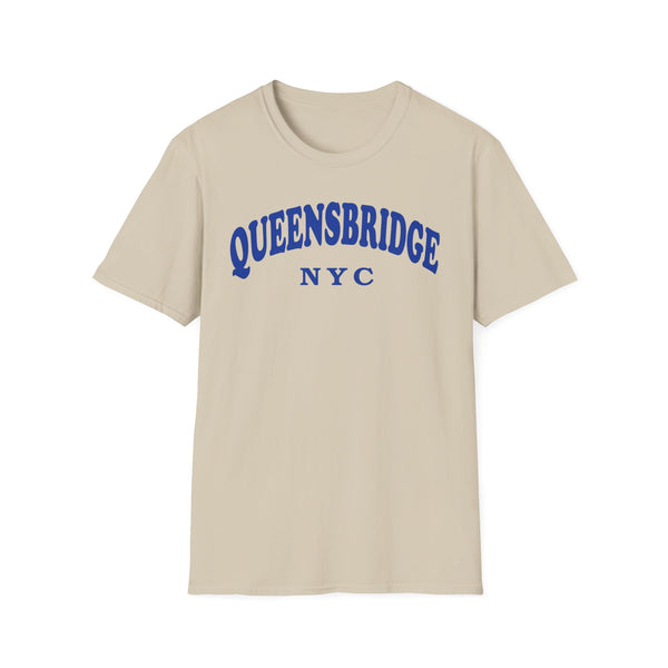 Light tan t-shirt with blue "QUEENSBRIDGE NYC" text.