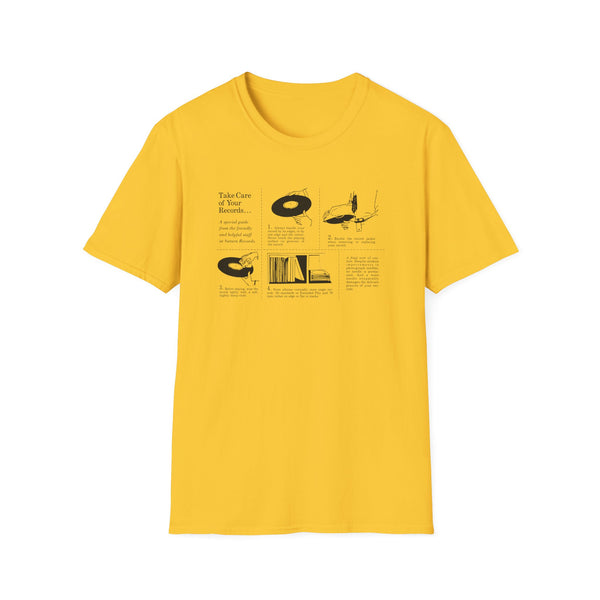 Yellow t-shirt with black line-art and text about record care.