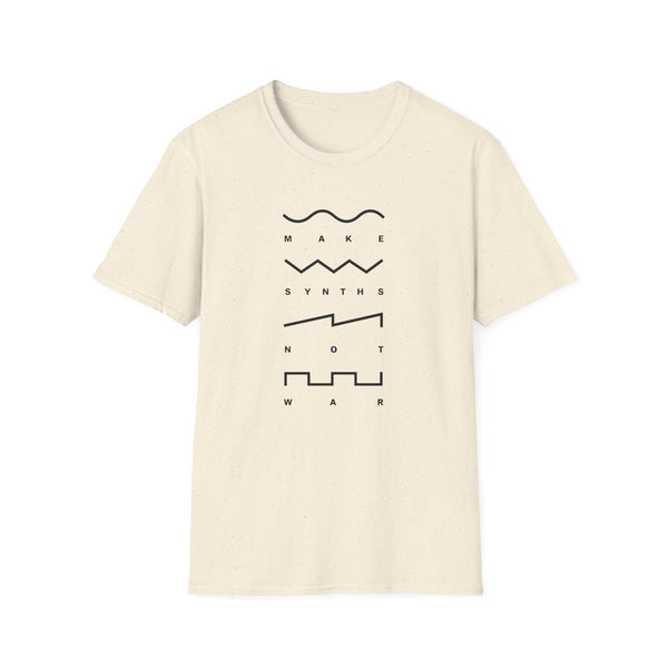Cream t-shirt with black text and synth wave graphics reading "MAKE SYNTHS NOT WAR."