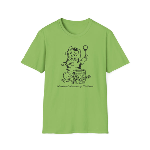 Lime green t-shirt with a black ink drawing of a cat playing a drum and the text "Postcard Records of Scotland".