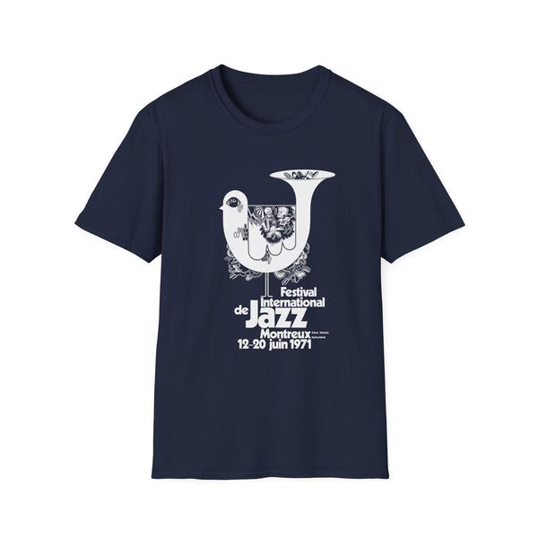 Montreux Jazz Festival 1971 graphic on a navy blue t-shirt.