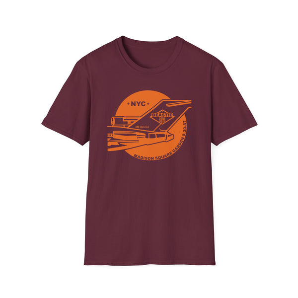 Maroon t-shirt with orange graphic of a plane and text.
