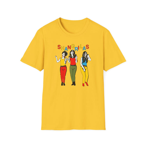 Yellow t-shirt with "SHANGRI-LAS" and three women graphic.