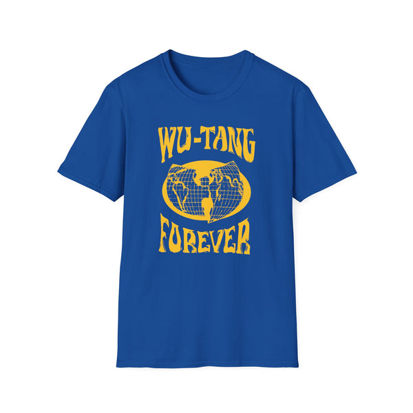 Blue t-shirt with yellow "FOREVER" text and globe graphic.