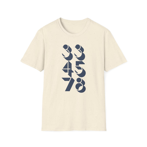 Cream t-shirt with vertical navy blue numbers 33, 45, 78 in a stylized font.