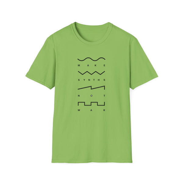 Green t-shirt with black text and waveform design: Make Synths Not War.