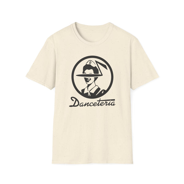 Cream t-shirt with black Danceteria logo featuring a person in a hat.