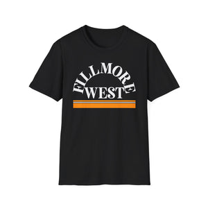 Black t-shirt with white "Fillmore West" text and orange stripes graphic.