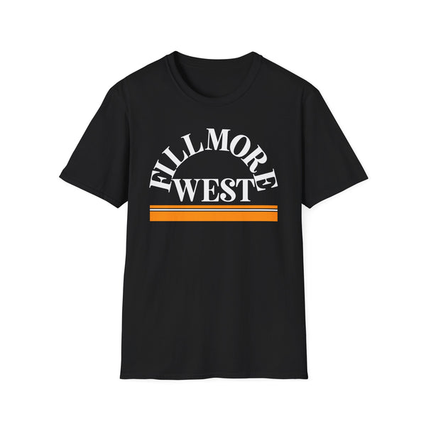 Black t-shirt with white "Fillmore West" text and orange stripes graphic.