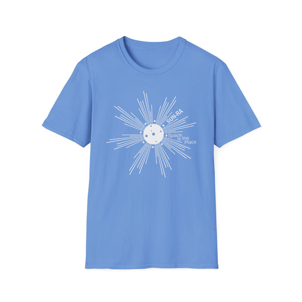 Blue t-shirt with white "SUN-RA Space is the Place" graphic.