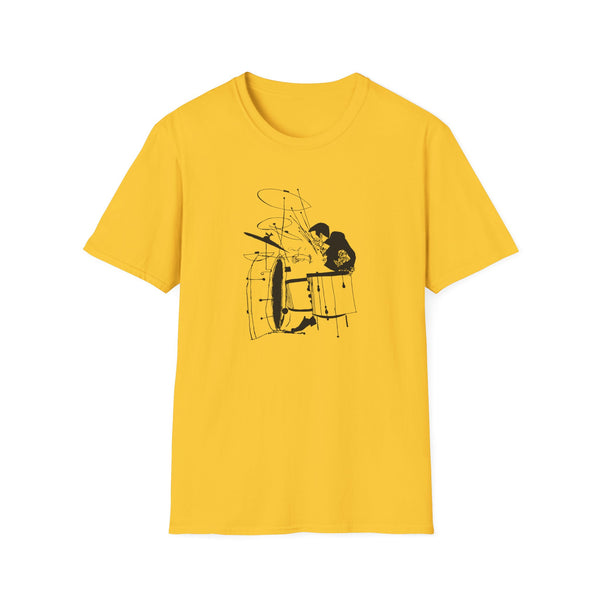 Yellow t-shirt with a black line drawing of a drummer and drum set.