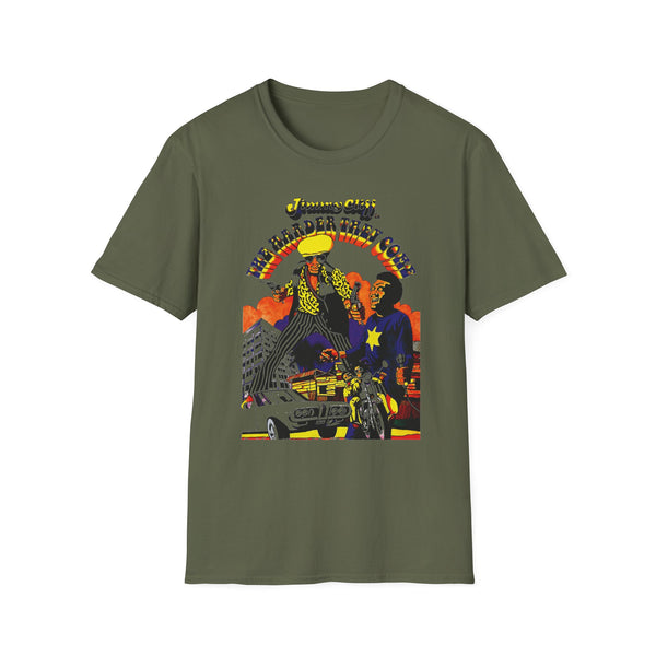 Jimmy Cliff "The Harder They Come" graphic with people, car, and motorcycle.