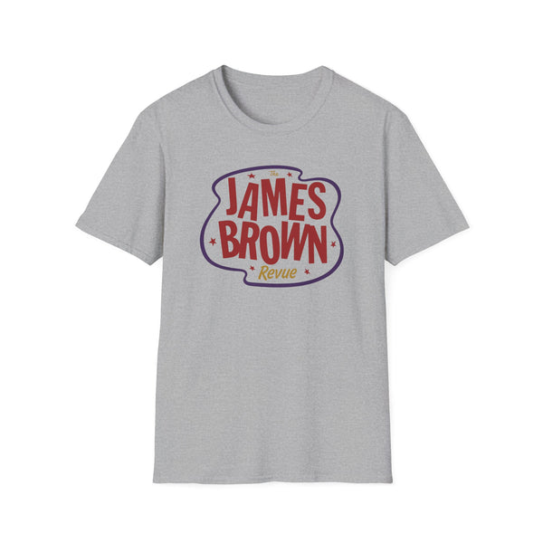 Grey t-shirt with "The James Brown Revue" text graphic and stars.