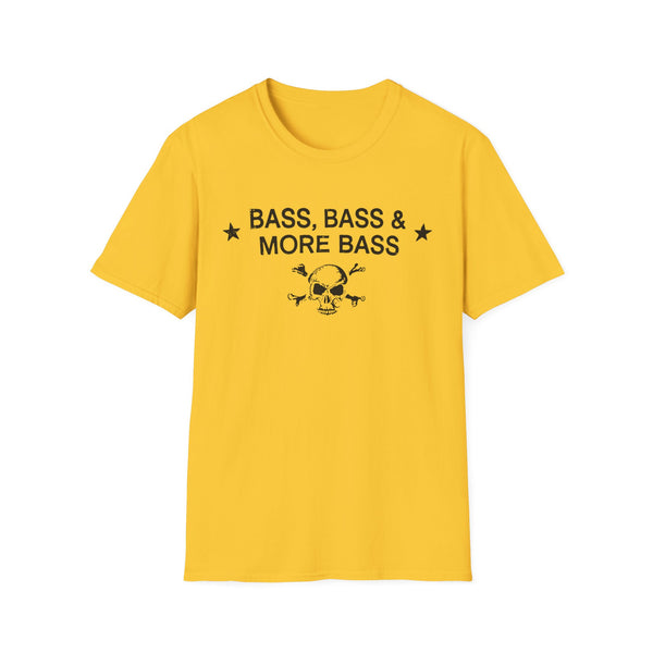 Yellow t-shirt with black text "BASS, BASS & MORE BASS" and skull graphic.