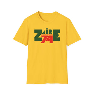 Yellow t-shirt with green and red Zaire 74 graphic design.