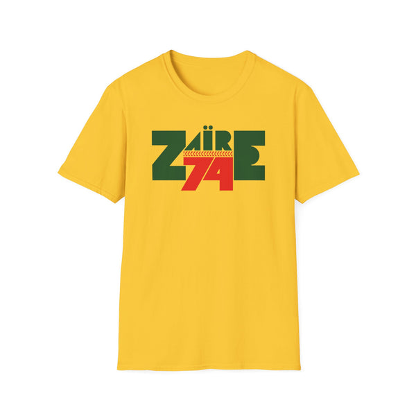 Yellow t-shirt with green and red Zaire 74 graphic design.