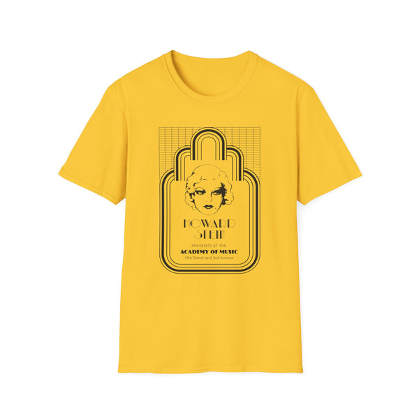 Yellow t-shirt with "HOWARD STEIN PRESENTS" poster art featuring a stylized face.
