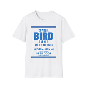 White t-shirt with blue text for Charlie Parker and His All Stars concert.