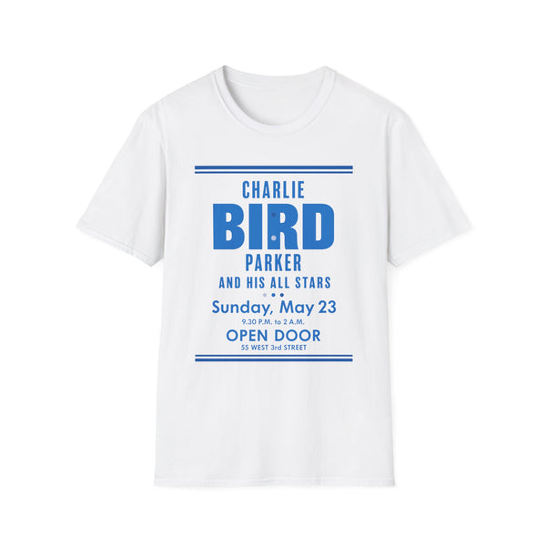 White t-shirt with blue text for Charlie Parker and His All Stars concert.