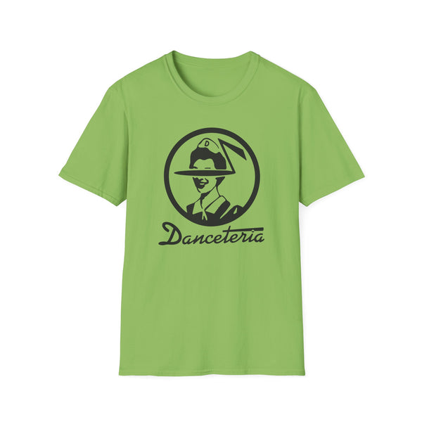Green t-shirt with black Danceteria logo featuring a portrait within a circle.