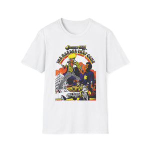 Jimmy Cliff "The Harder They Come" graphic with figures, car, motorcycle, and buildings.