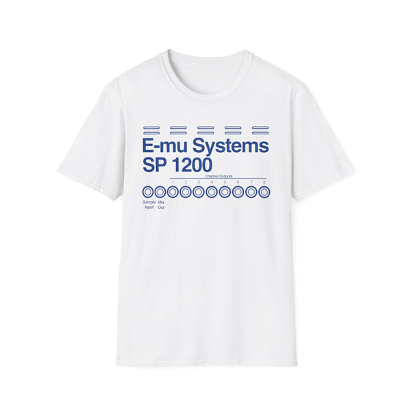 White t-shirt with blue E-mu Systems SP 1200 graphic and channel outputs.