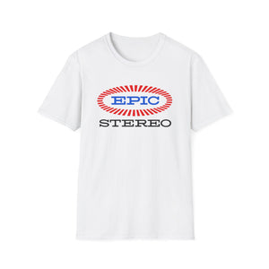 White t-shirt with red and blue "EPIC STEREO" logo across the chest.