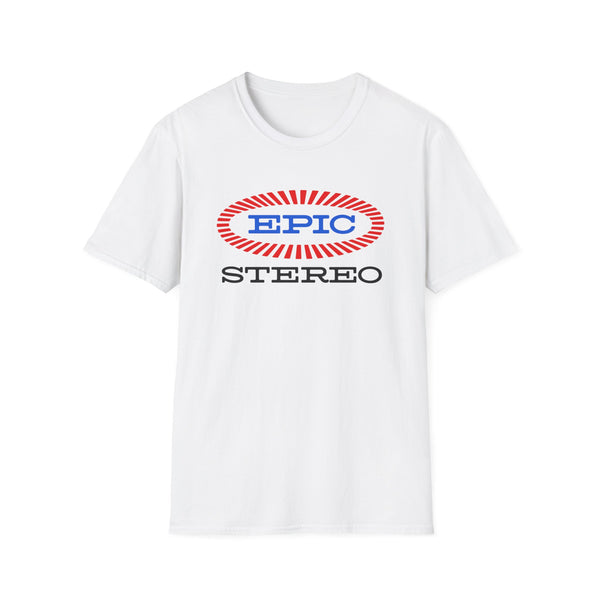 White t-shirt with red and blue "EPIC STEREO" logo across the chest.