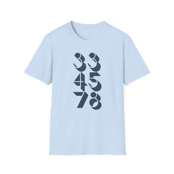Light blue t-shirt with dark blue numbers 334578 graphic design.